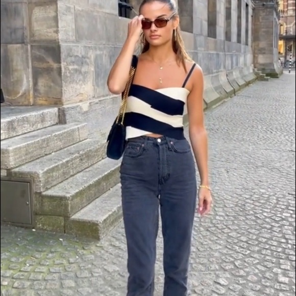 BLACK & WHITE ZIP UP CROP TUBE TOP - Picture 5 of 7